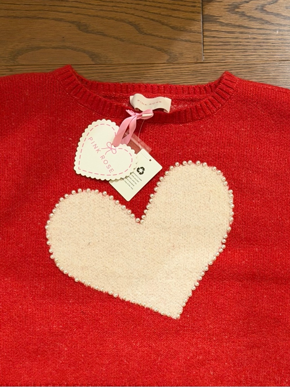 Pink Rose Red Sweater with Cream Heart and Pearl Trim